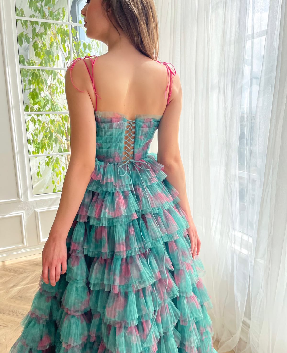 Attractive Spaghetti Straps Floral Prom Dress Long Green Tiered A-Line Evening Dress D0690