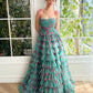 Attractive Spaghetti Straps Floral Prom Dress Long Green Tiered A-Line Evening Dress D0690