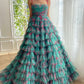 Attractive Spaghetti Straps Floral Prom Dress Long Green Tiered A-Line Evening Dress D0690