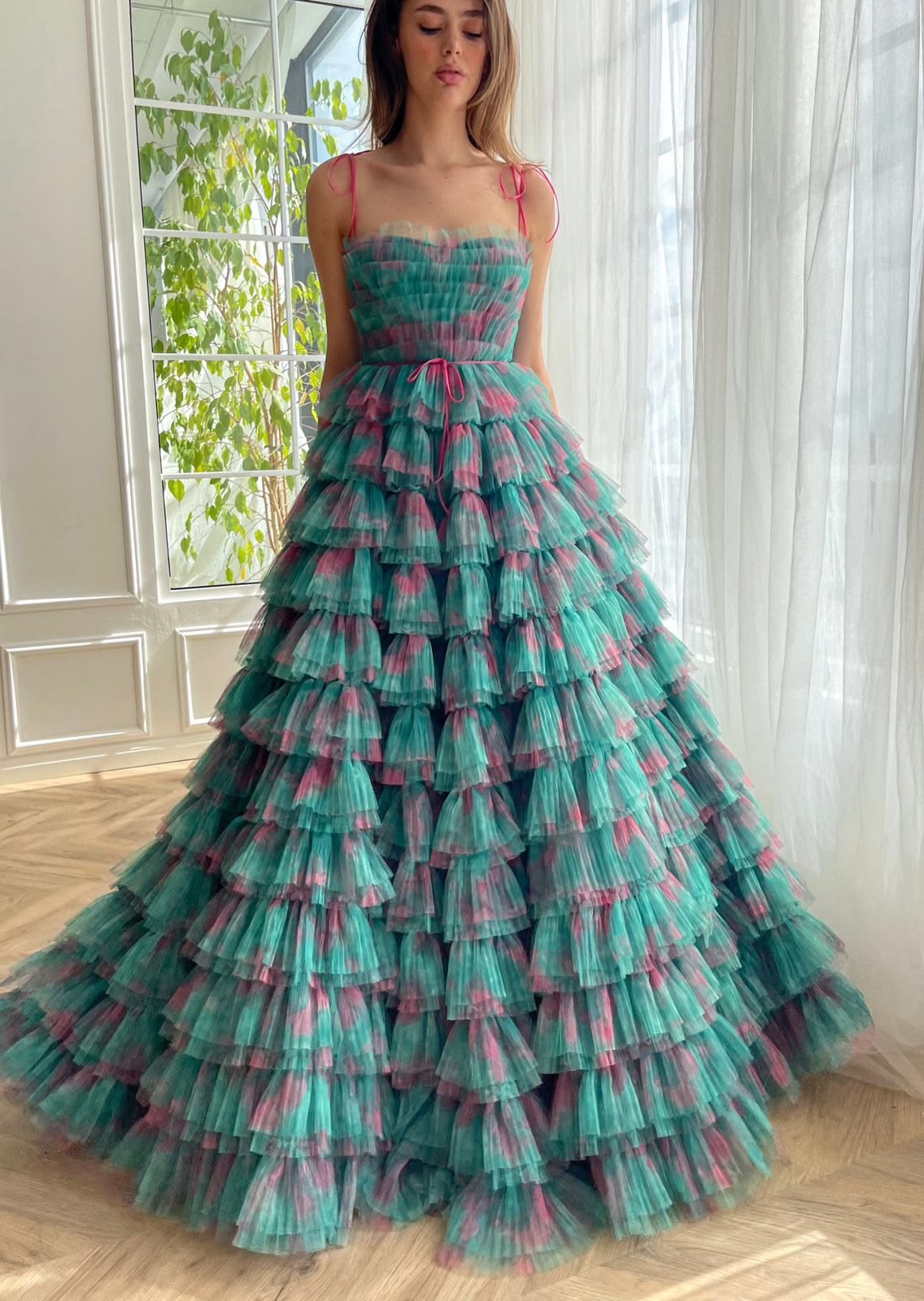 Attractive Spaghetti Straps Floral Prom Dress Long Green Tiered A-Line Evening Dress D0690