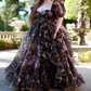 Elegant Square Neck Ruffled Prom Dress Floral Short Sleeve Slit A-Line Evening Dress D0694