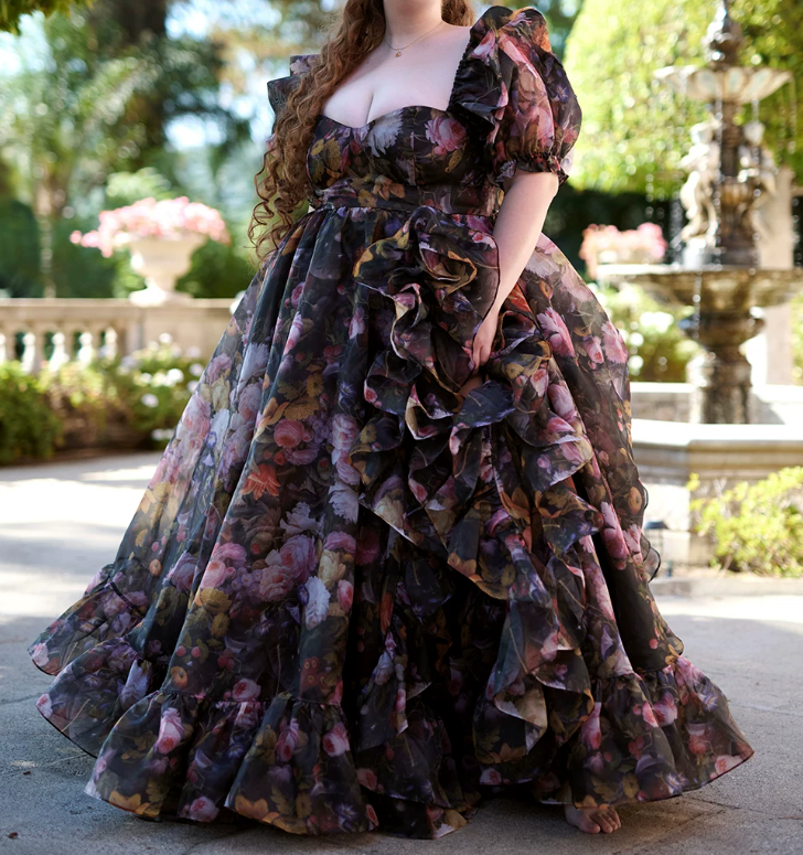Elegant Square Neck Ruffled Prom Dress Floral Short Sleeve Slit A-Line Evening Dress D0694