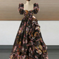 Elegant Square Neck Ruffled Prom Dress Floral Short Sleeve Slit A-Line Evening Dress D0694