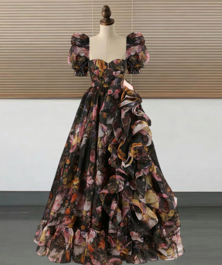 Elegant Square Neck Ruffled Prom Dress Floral Short Sleeve Slit A-Line Evening Dress D0694