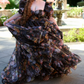 Elegant Square Neck Ruffled Prom Dress Floral Short Sleeve Slit A-Line Evening Dress D0694