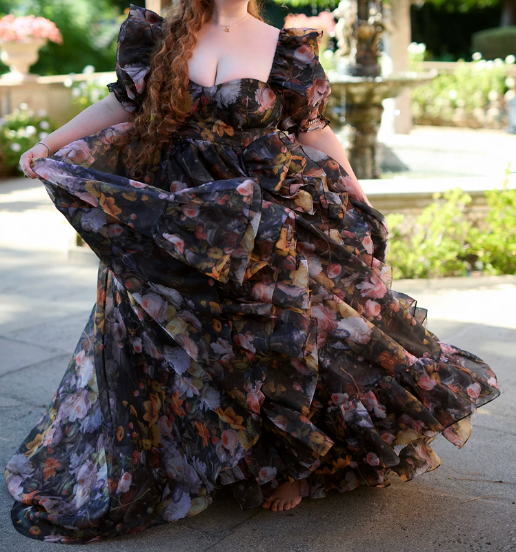 Elegant Square Neck Ruffled Prom Dress Floral Short Sleeve Slit A-Line Evening Dress D0694