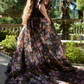 Elegant Square Neck Ruffled Prom Dress Floral Short Sleeve Slit A-Line Evening Dress D0694