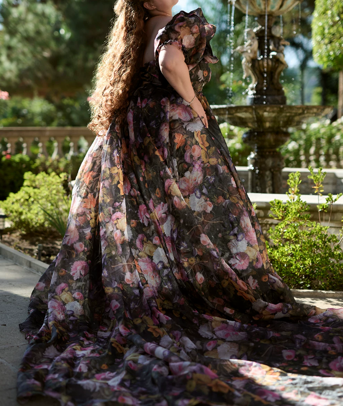 Elegant Square Neck Ruffled Prom Dress Floral Short Sleeve Slit A-Line Evening Dress D0694