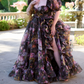 Elegant Square Neck Ruffled Prom Dress Floral Short Sleeve Slit A-Line Evening Dress D0694