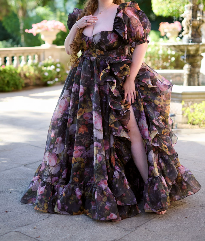 Elegant Square Neck Ruffled Prom Dress Floral Short Sleeve Slit A-Line Evening Dress D0694