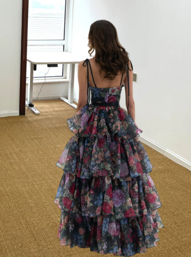 Robe de bal de princesse bustier à volants en satin long, robe de soirée C8117