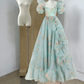 Vibrant Square Neck Ruffled Prom Dress Green Floral Short Sleeve A-Line Evening Dress D0696