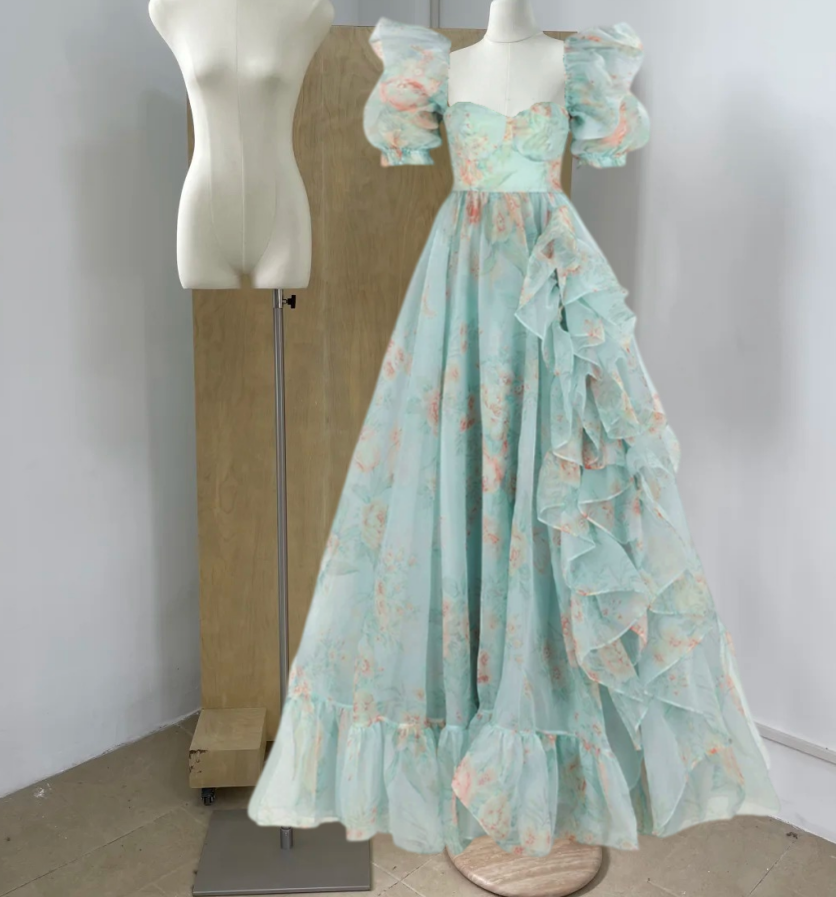 Vibrant Square Neck Ruffled Prom Dress Green Floral Short Sleeve A-Line Evening Dress D0696