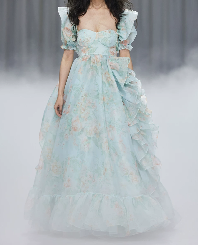 Vibrant Square Neck Ruffled Prom Dress Green Floral Short Sleeve A-Line Evening Dress D0696