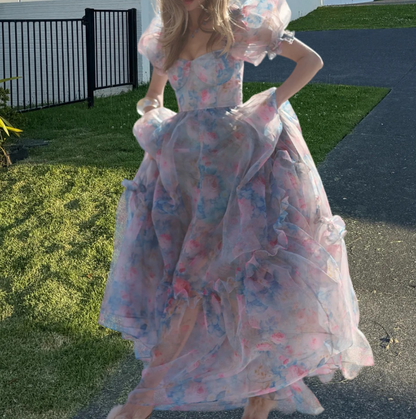 Classical Square Neck Ruffled Prom Dress Floral Short Sleeve A-Line Evening Dress D0698