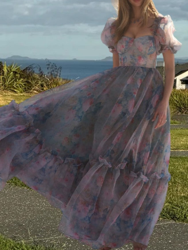 Classical Square Neck Ruffled Prom Dress Floral Short Sleeve A-Line Evening Dress D0698