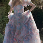 Classical Square Neck Ruffled Prom Dress Floral Short Sleeve A-Line Evening Dress D0698