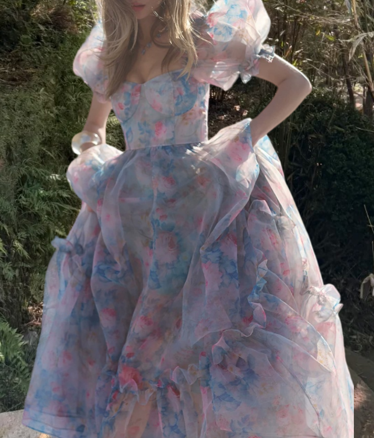 Classical Square Neck Ruffled Prom Dress Floral Short Sleeve A-Line Evening Dress D0698