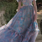 Classical Square Neck Ruffled Prom Dress Floral Short Sleeve A-Line Evening Dress D0698