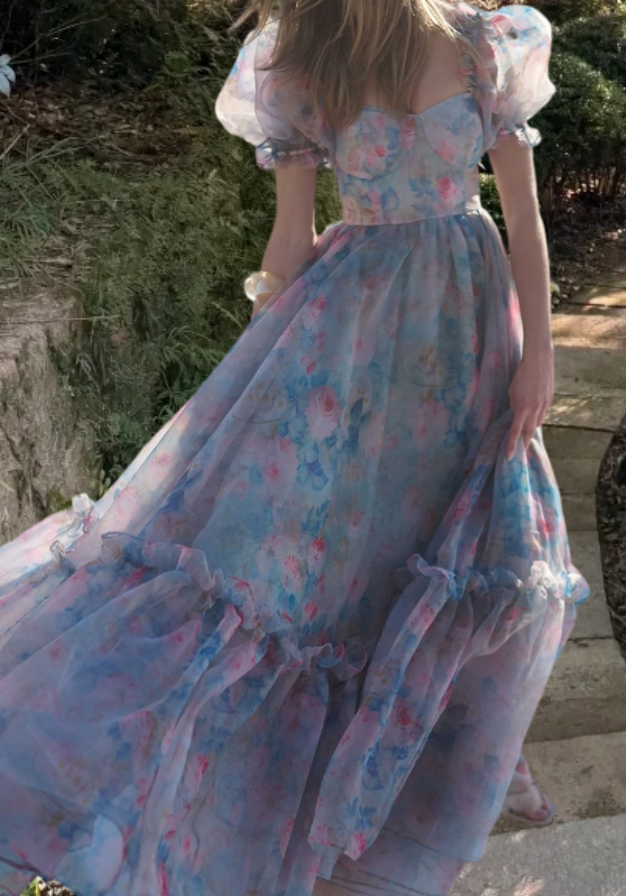 Classical Square Neck Ruffled Prom Dress Floral Short Sleeve A-Line Evening Dress D0698