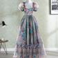 Classical Square Neck Ruffled Prom Dress Floral Short Sleeve A-Line Evening Dress D0698