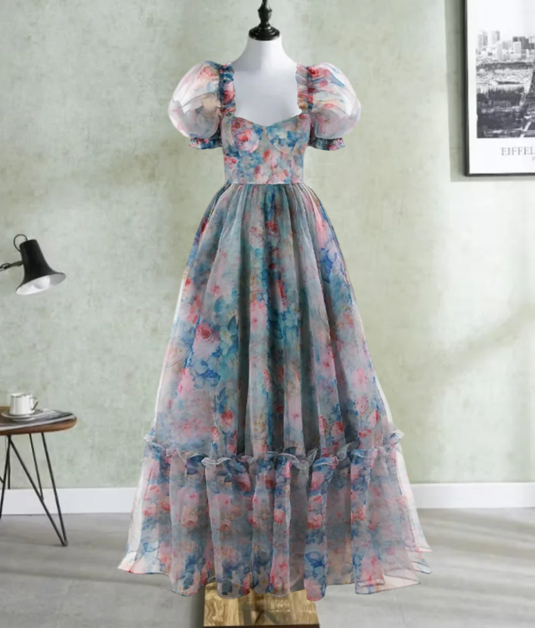 Classical Square Neck Ruffled Prom Dress Floral Short Sleeve A-Line Evening Dress D0698