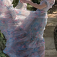Classical Square Neck Ruffled Prom Dress Floral Short Sleeve A-Line Evening Dress D0698