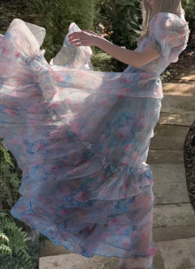 Classical Square Neck Ruffled Prom Dress Floral Short Sleeve A-Line Evening Dress D0698