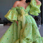Unique Off The Shoulder Prom Dress Green Ruffled A-Line Evening Dress D0704