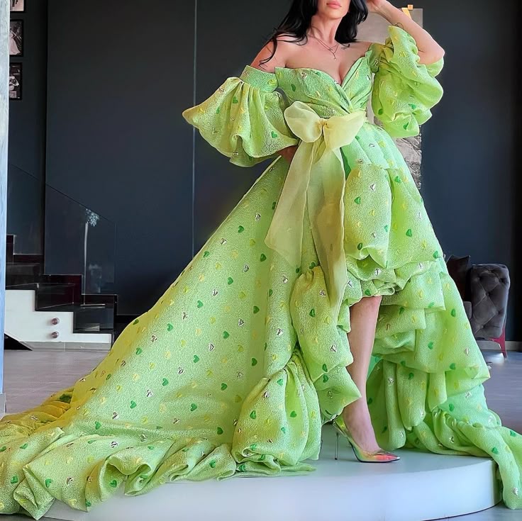 Unique Off The Shoulder Prom Dress Green Ruffled A-Line Evening Dress D0704