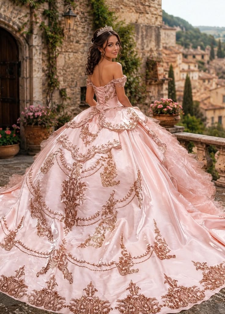 Graceful Satin Tulle Ball Gown Pink Sequins Quinceanera Dresses Off The Shoulder Sweet 16 Dresses D0705