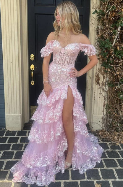 Unique Off The Shoulder Slit Prom Dress Long Sequins Tiered Mermaid Evening Dress D0707