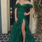 Unique Off The Shoulder Slit Prom Dress Long Sequins Tiered Mermaid Evening Dress D0707