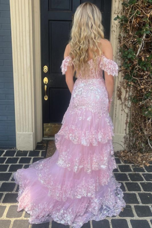 Unique Off The Shoulder Slit Prom Dress Long Sequins Tiered Mermaid Evening Dress D0707