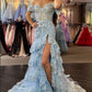 Unique Off The Shoulder Slit Prom Dress Long Sequins Tiered Mermaid Evening Dress D0707