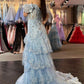 Unique Off The Shoulder Slit Prom Dress Long Sequins Tiered Mermaid Evening Dress D0707