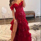 Unique Off The Shoulder Slit Prom Dress Long Sequins Tiered Mermaid Evening Dress D0707