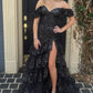 Unique Off The Shoulder Slit Prom Dress Long Sequins Tiered Mermaid Evening Dress D0707