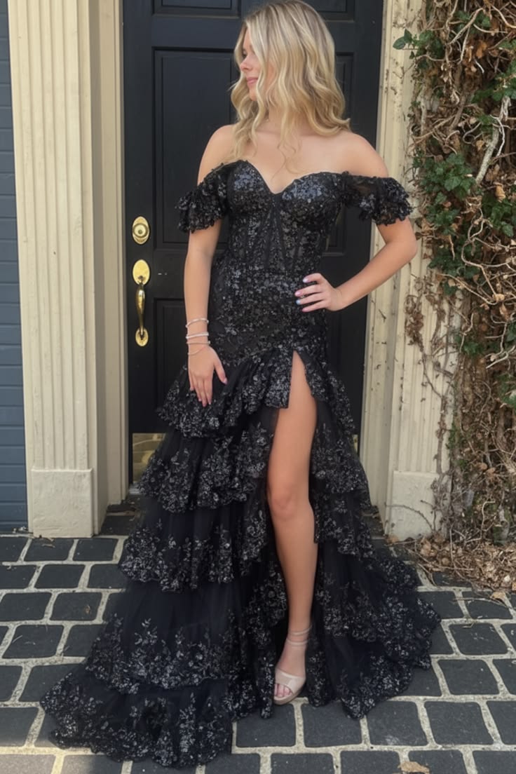 Unique Off The Shoulder Slit Prom Dress Long Sequins Tiered Mermaid Evening Dress D0707