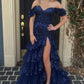 Unique Off The Shoulder Slit Prom Dress Long Sequins Tiered Mermaid Evening Dress D0707