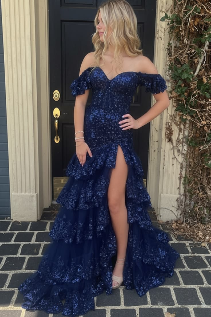 Unique Off The Shoulder Slit Prom Dress Long Sequins Tiered Mermaid Evening Dress D0707