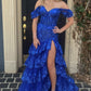 Unique Off The Shoulder Slit Prom Dress Long Sequins Tiered Mermaid Evening Dress D0707