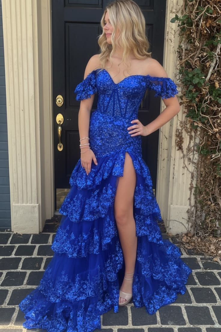 Unique Off The Shoulder Slit Prom Dress Long Sequins Tiered Mermaid Evening Dress D0707