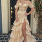 Unique Off The Shoulder Slit Prom Dress Long Sequins Tiered Mermaid Evening Dress D0707