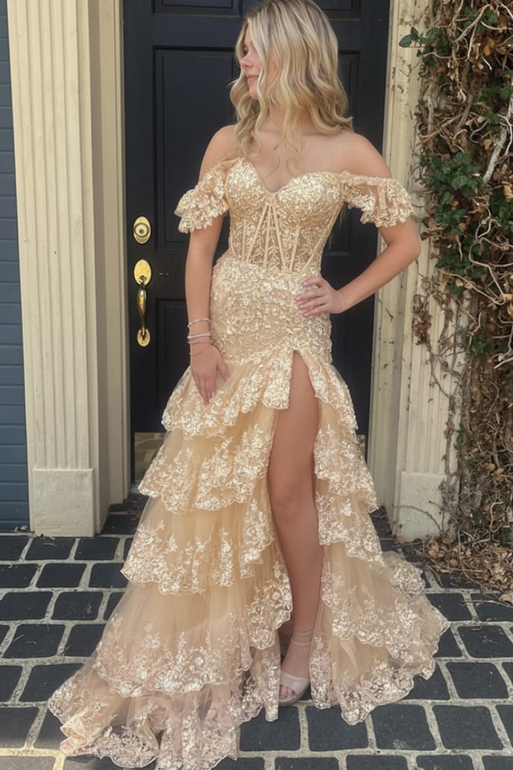 Unique Off The Shoulder Slit Prom Dress Long Sequins Tiered Mermaid Evening Dress D0707