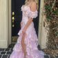 Unique Off The Shoulder Slit Prom Dress Long Sequins Tiered Mermaid Evening Dress D0707