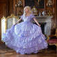 Sparkling Square Neck Purple Prom Dress Sequins Short Sleeve Tiered A-Line Evening Dress D0709