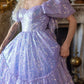 Sparkling Square Neck Purple Prom Dress Sequins Short Sleeve Tiered A-Line Evening Dress D0709