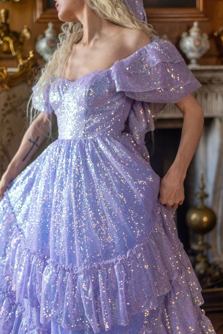 Sparkling Square Neck Purple Prom Dress Sequins Short Sleeve Tiered A-Line Evening Dress D0709