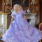 Sparkling Square Neck Purple Prom Dress Sequins Short Sleeve Tiered A-Line Evening Dress D0709
